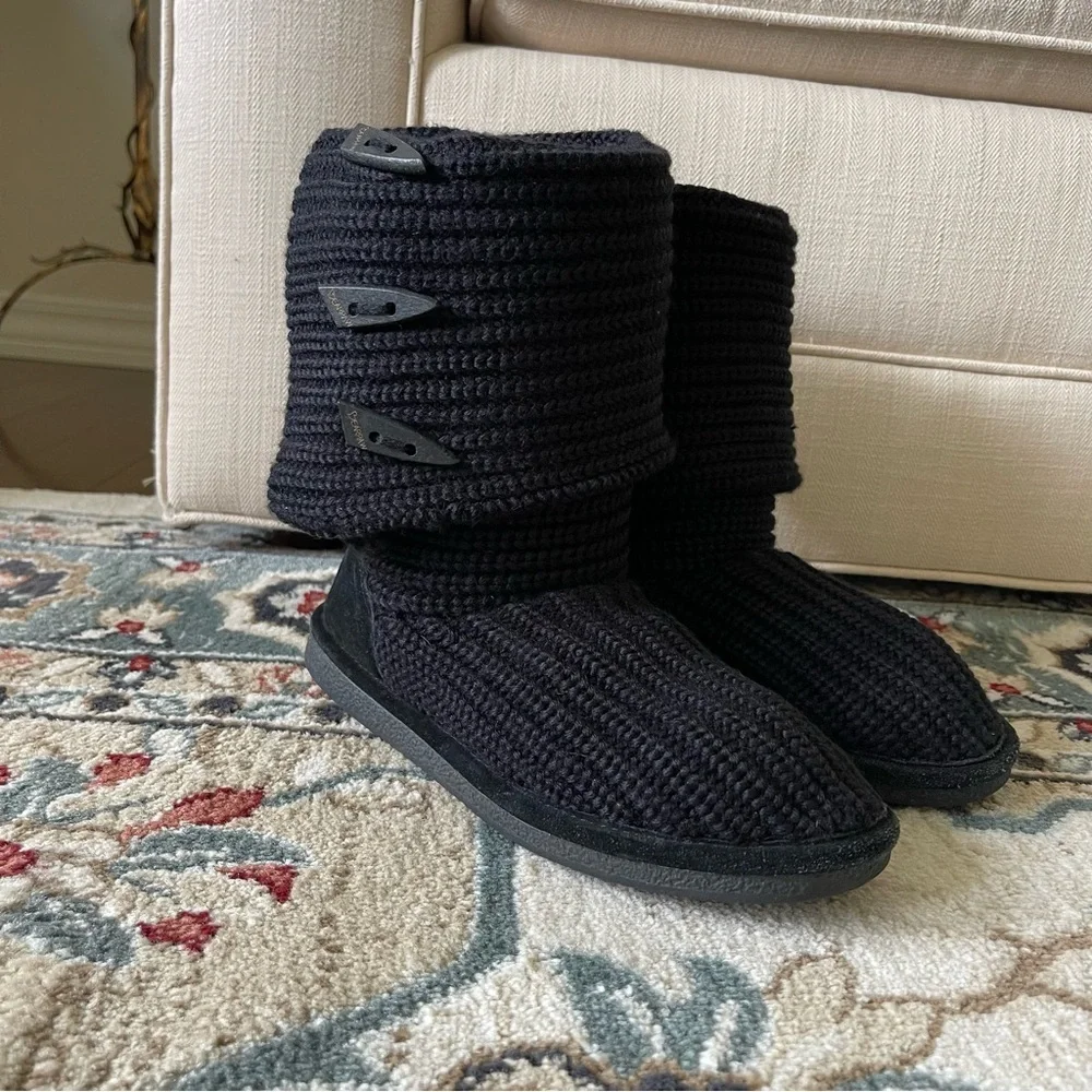 BearPaw Tall Black Knit Sweater Boots